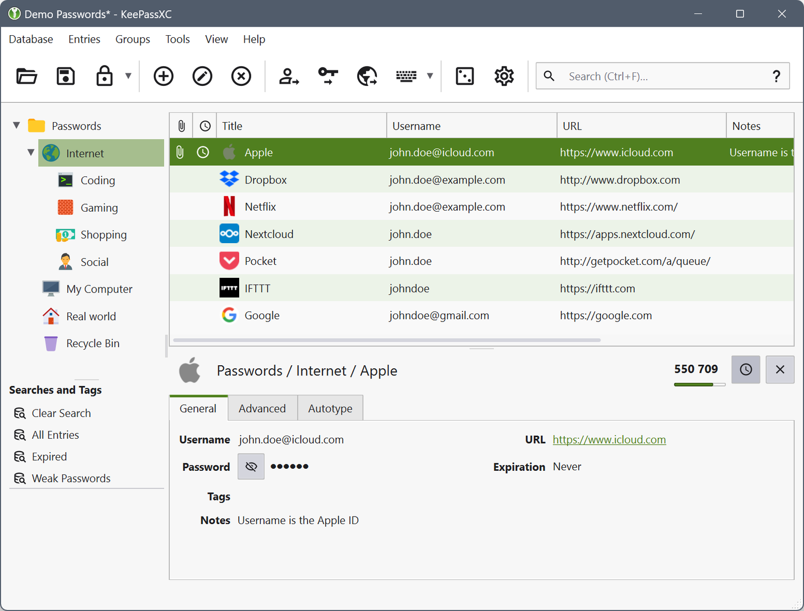 KeePassXC — vue principale avec groupes, liste d'entrées et détail mot de passe