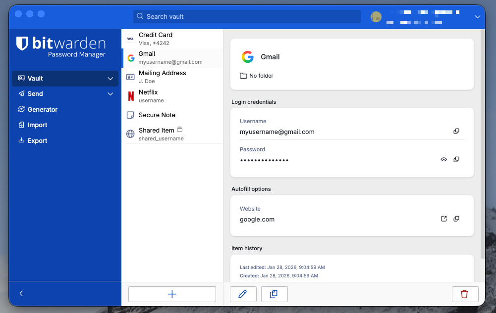 Bitwarden desktop — vue principale avec sidebar, liste d'entrées et détail credentials