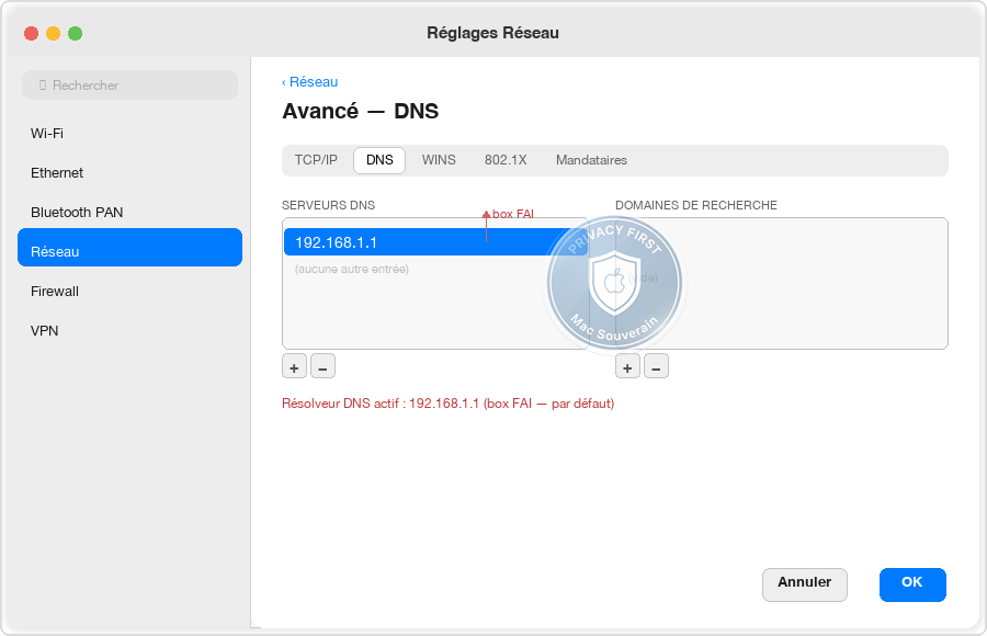 Panneau DNS macOS — resolver FAI 192.168.1.1 par défaut