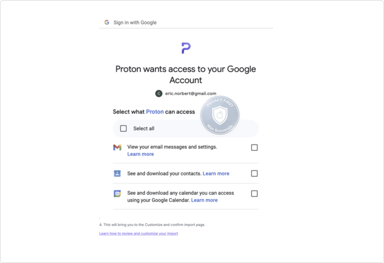Fenêtre OAuth Google — autorisation Proton