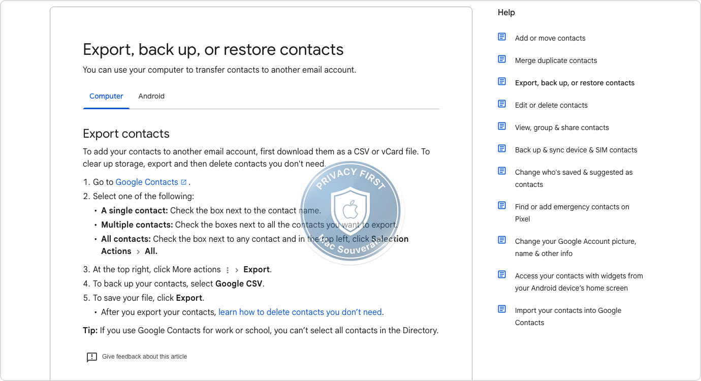 Google Contacts — export vCard