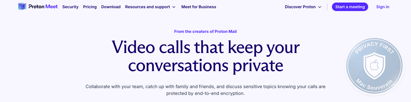 Page d'accueil Proton Meet — "Video calls that keep your conversations private" avec la mention du chiffrement de bout en bout