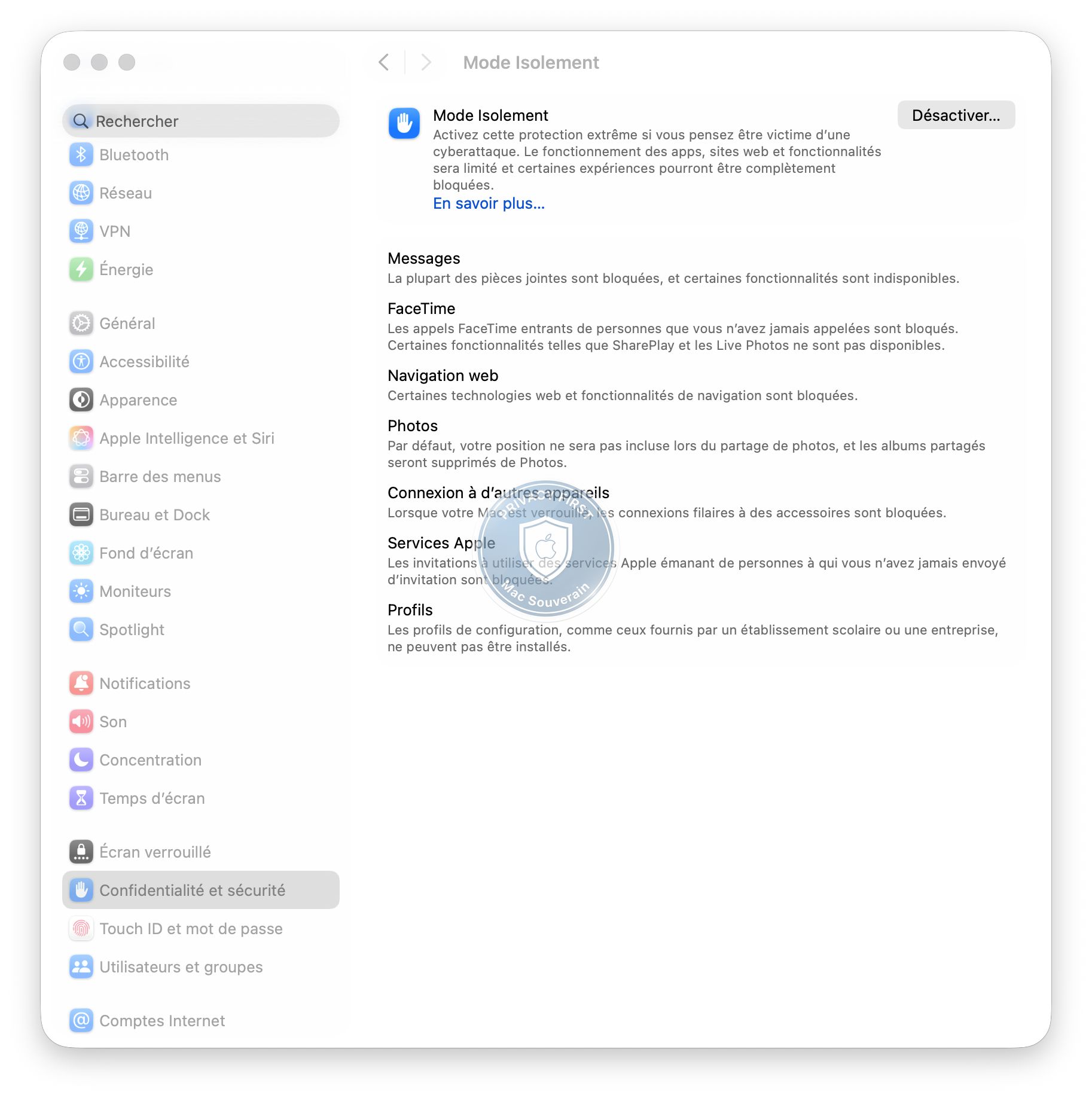 Mode Isolement activé dans les réglages macOS