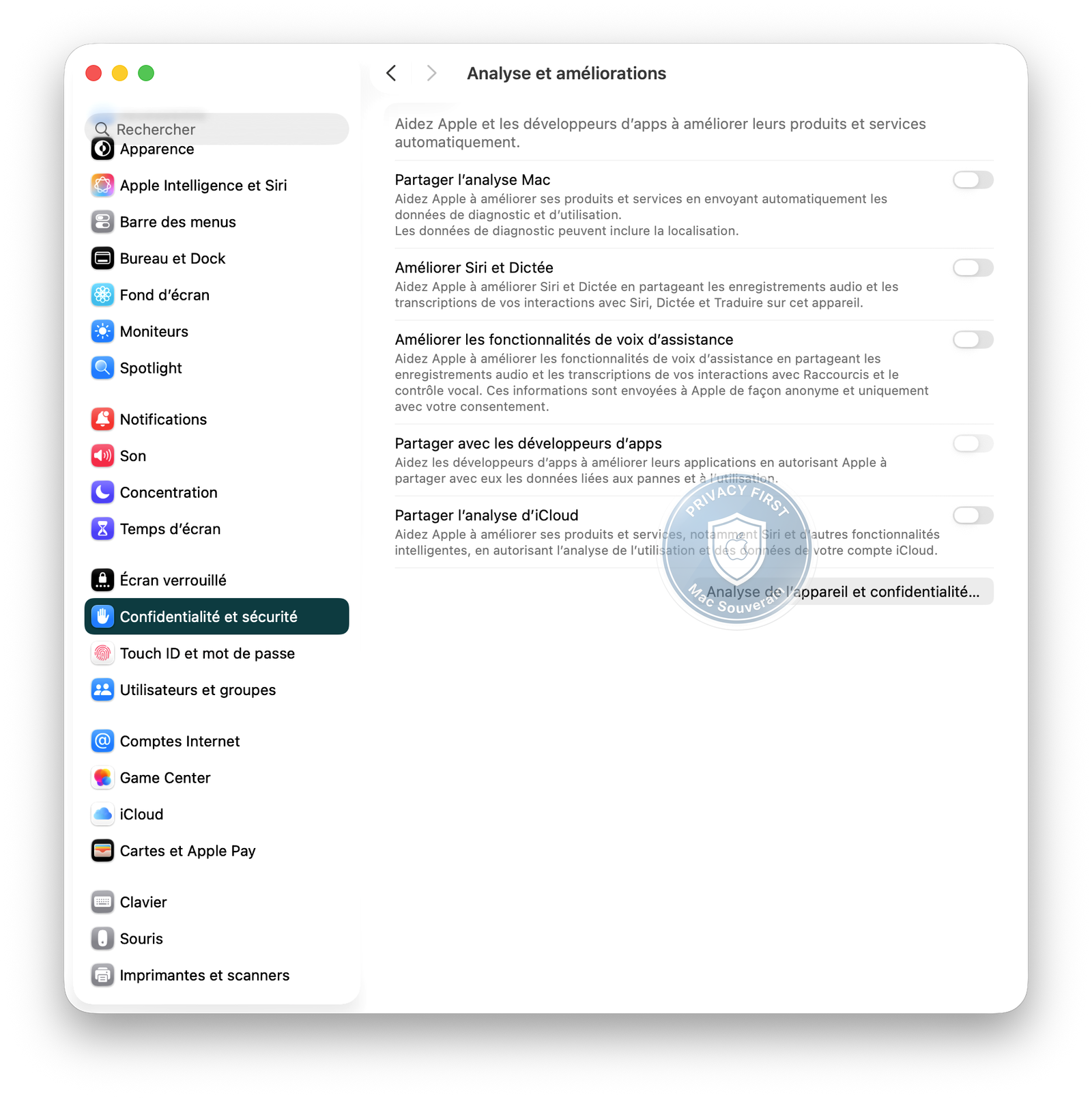 Réglages Système — Analytics et améliorations