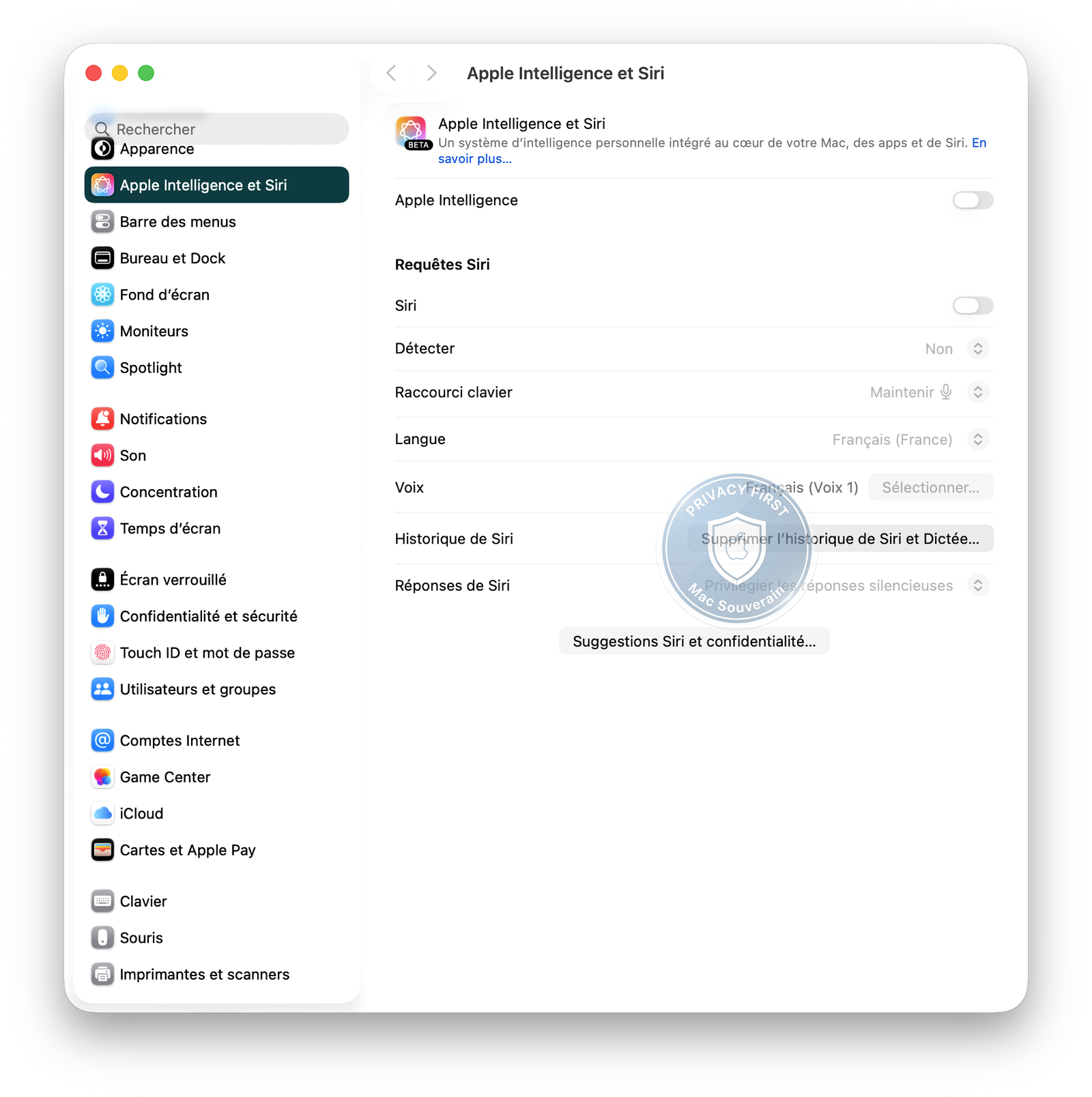Réglages Système — Apple Intelligence et Siri