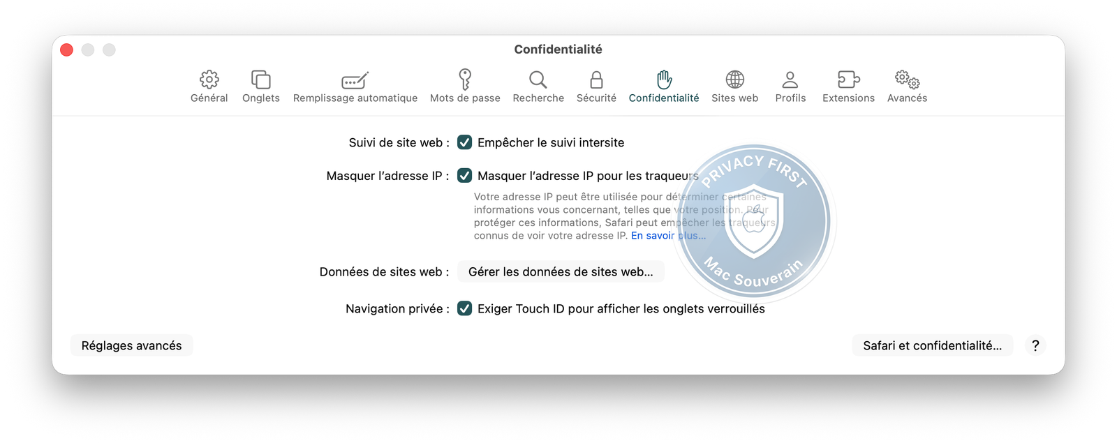 Safari — Réglages Confidentialité