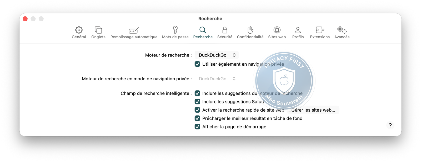 Safari — Réglages Recherche