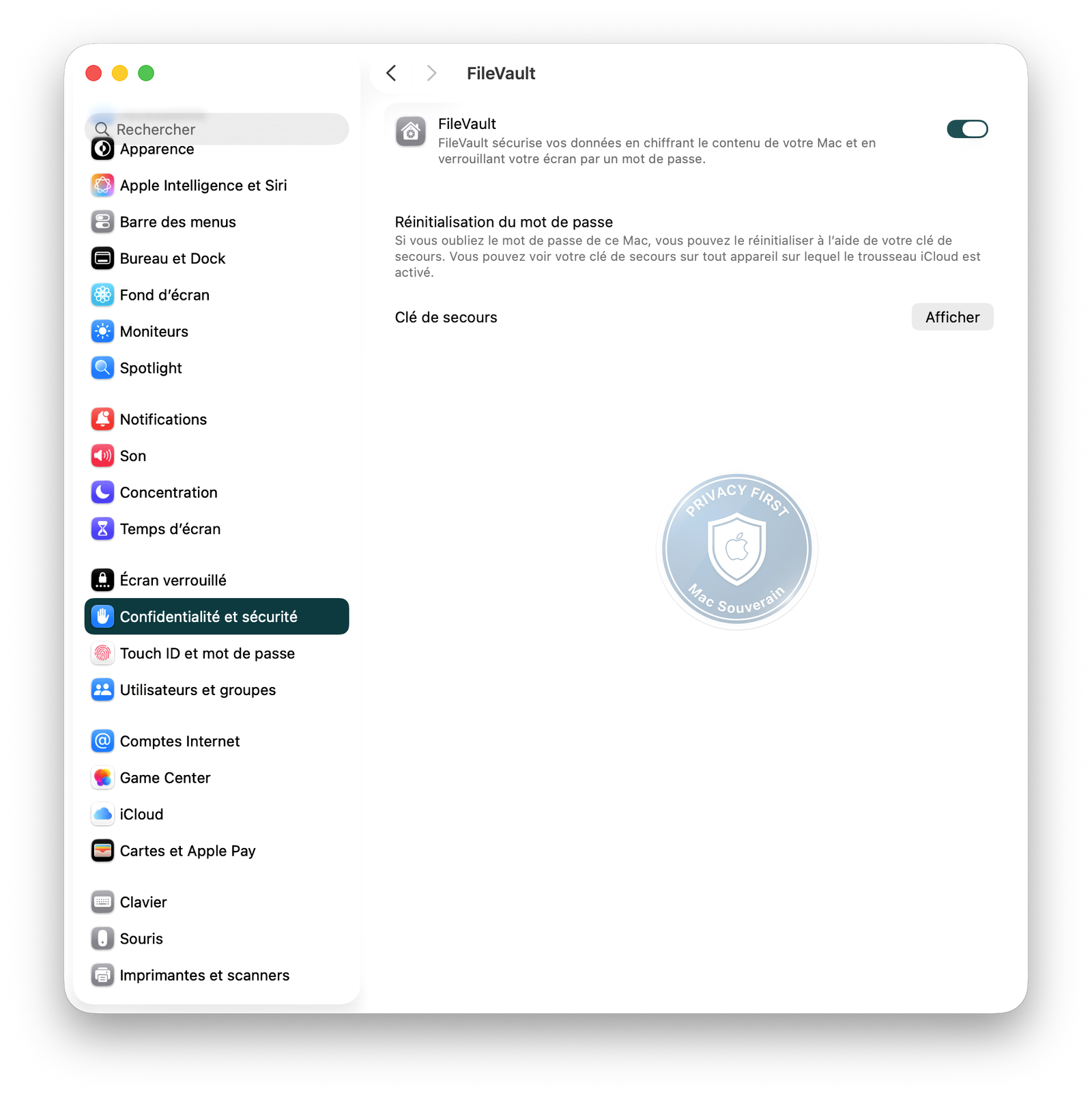 Réglages Système — FileVault