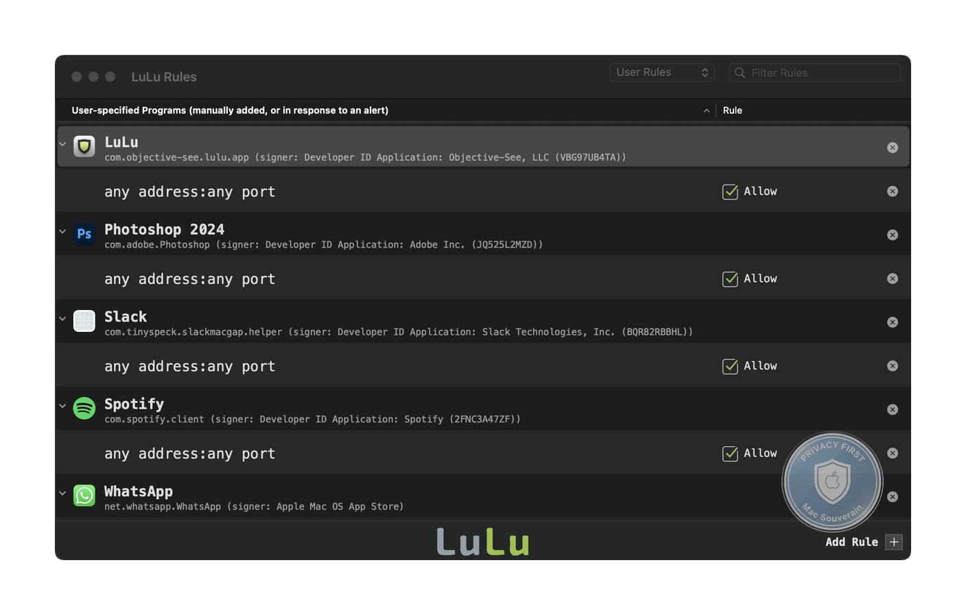 Fenêtre des règles LuLu, vue ensemble apps autorisées et bloquées