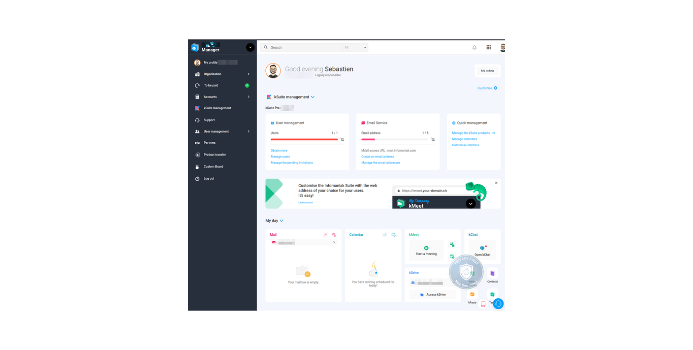 Console Manager Infomaniak, vue dashboard kSuite avec sidebar et section "My day" listant Mail, Calendar, kMeet, kChat, kDrive