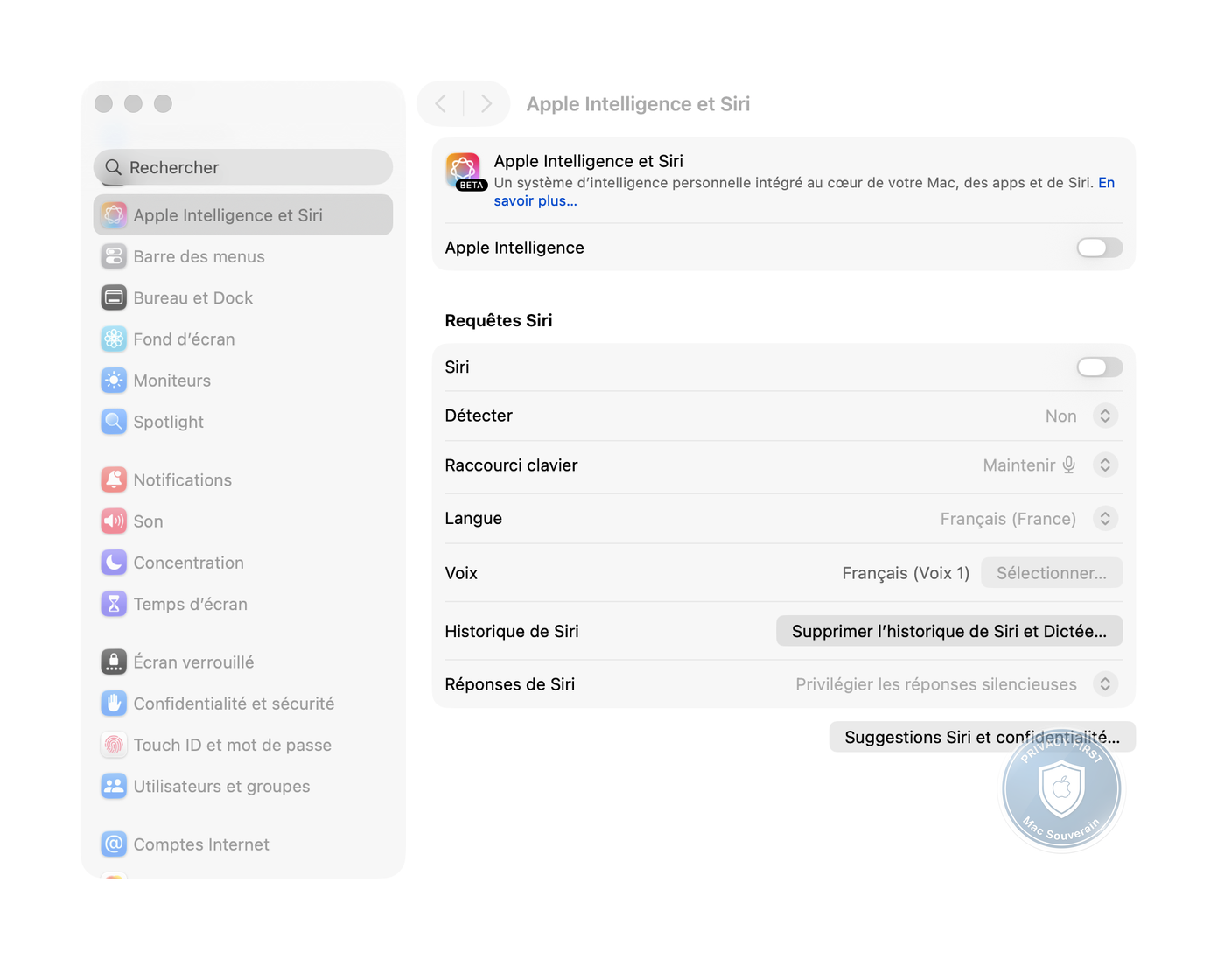 Réglages Système, panneau Apple Intelligence et Siri, toggle master Apple Intelligence