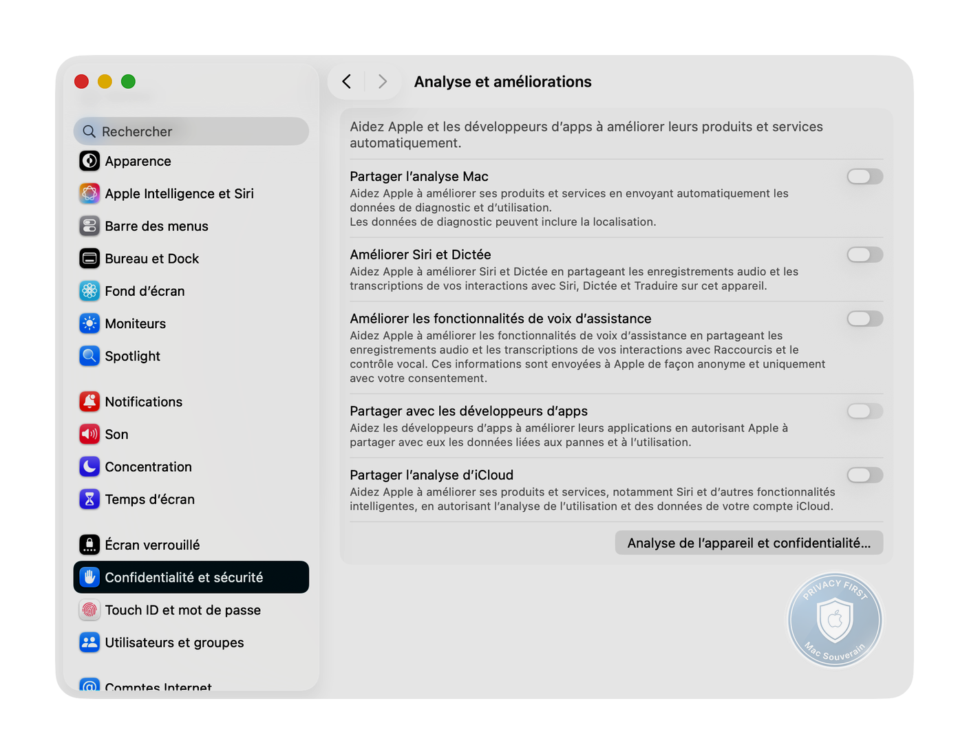 Réglages Système, Analyse et améliorations, toggle Améliorer Siri et la dictée