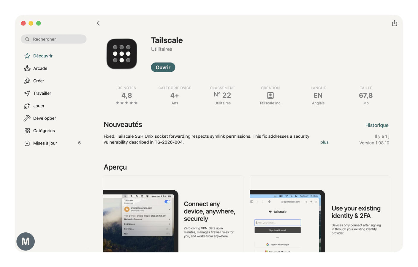 La fiche Tailscale sur le Mac App Store, prête à installer d'un clic.