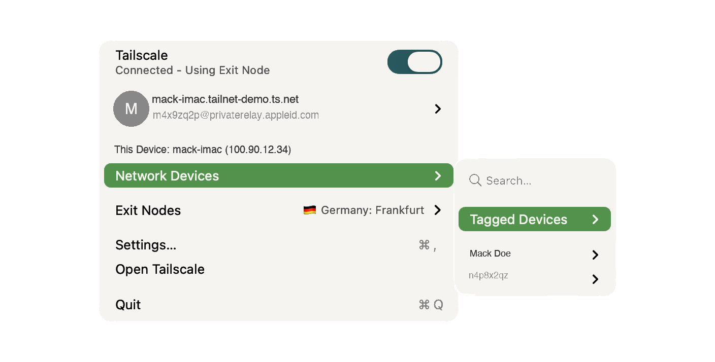 Le menu Tailscale dans la barre de menus, ton réseau connecté et tes machines à portée de clic.
