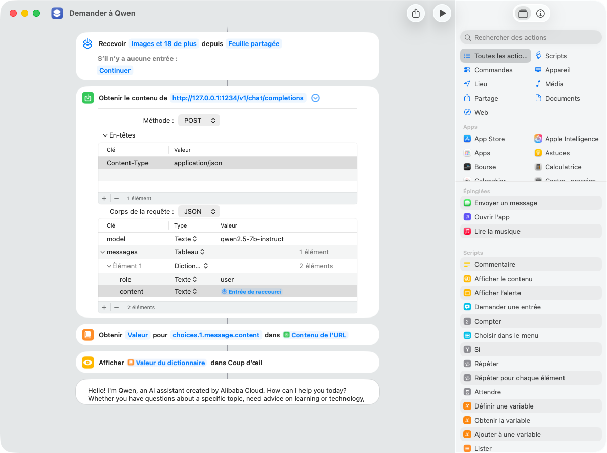 Le raccourci monté dans l'app Raccourcis : l'URL du serveur local en POST, le corps JSON avec le modèle et ta consigne, puis l'extraction de la réponse via choices.1.message.content.