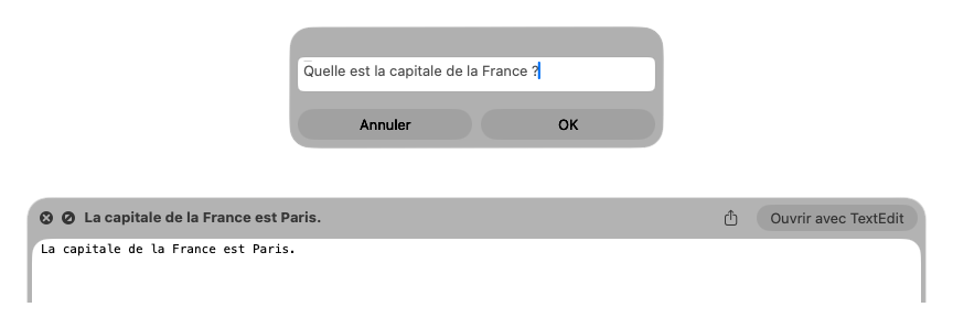 Tu lances le raccourci, tu tapes ta question, et quelques secondes plus tard la réponse s'affiche, calculée entièrement sur ta machine.