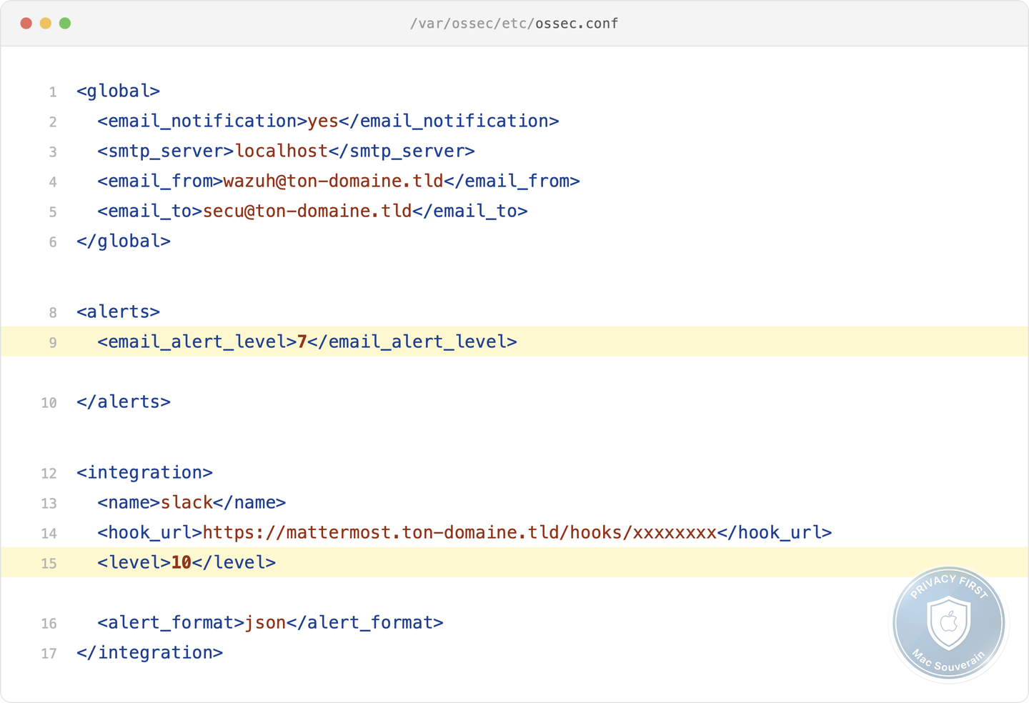 Configuration de l'alerting dans ossec.conf, seuils email_alert_level et level mis en évidence