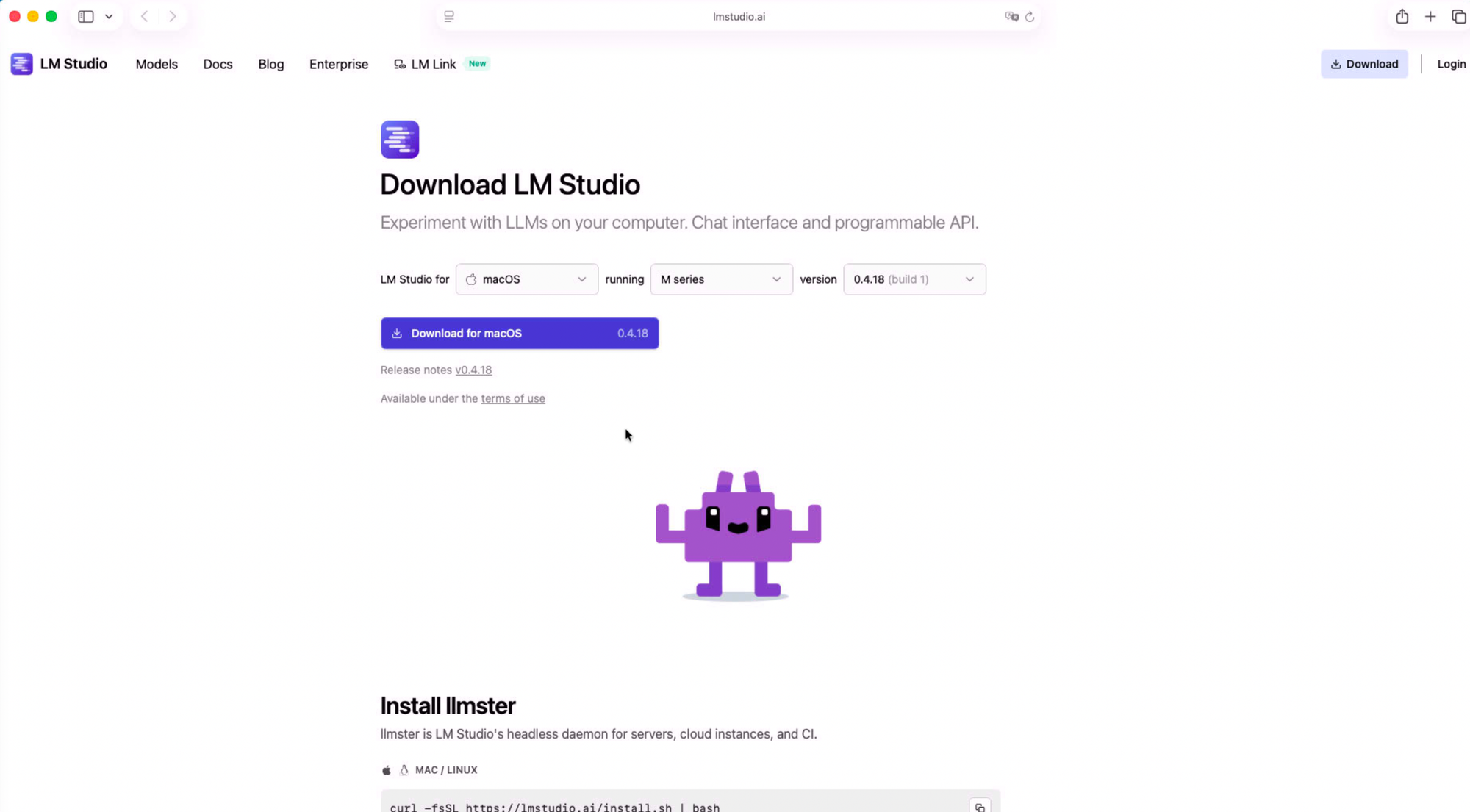 La page de téléchargement de LM Studio, qui détecte automatiquement ton Mac Apple Silicon.