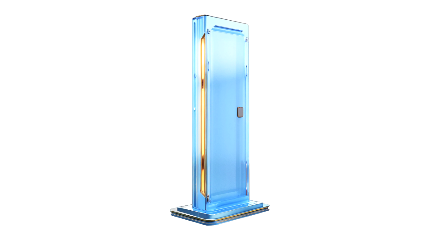Une porte de verre bleu entrouverte dans le flanc d'une puce Apple Silicon, un filet de lumière dorée qui fuit par l'interstice.