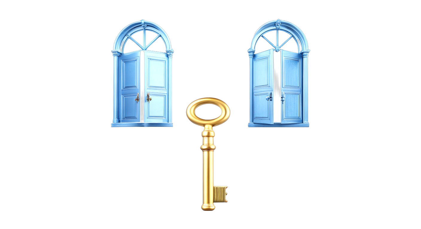 Une clé dorée unique entre deux portes de verre bleu, la signature qui ouvre les deux gardes du Mac.