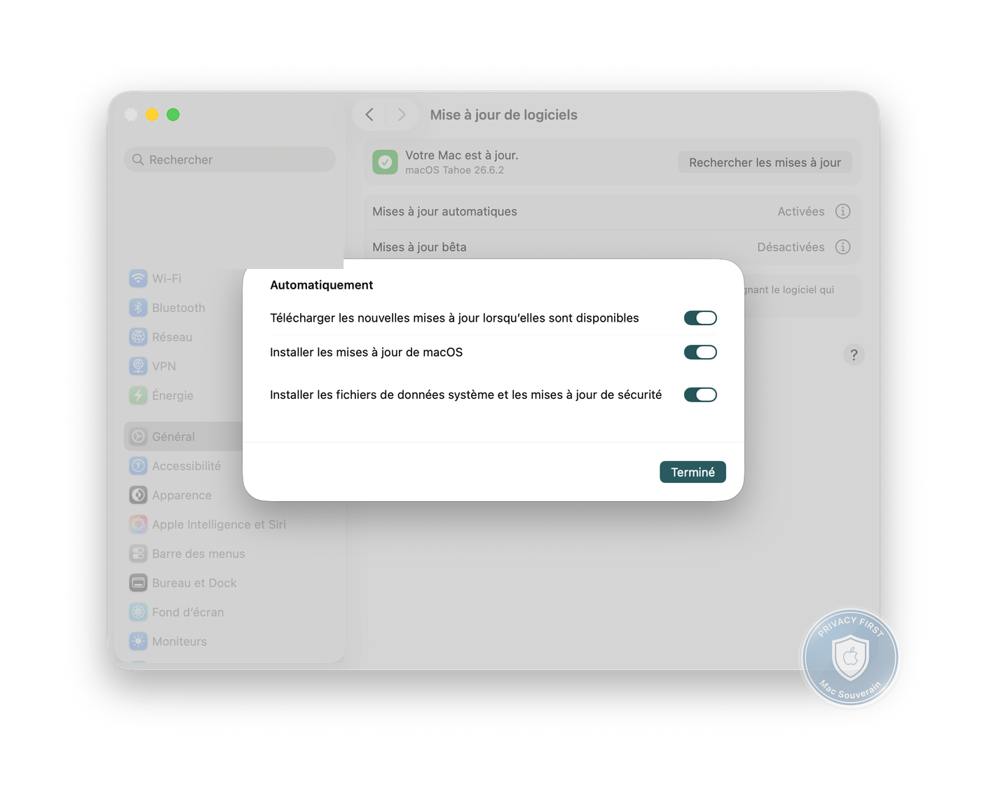 System Settings, Software Update, macOS automatic updates enabled, the patch cadence built into the OS