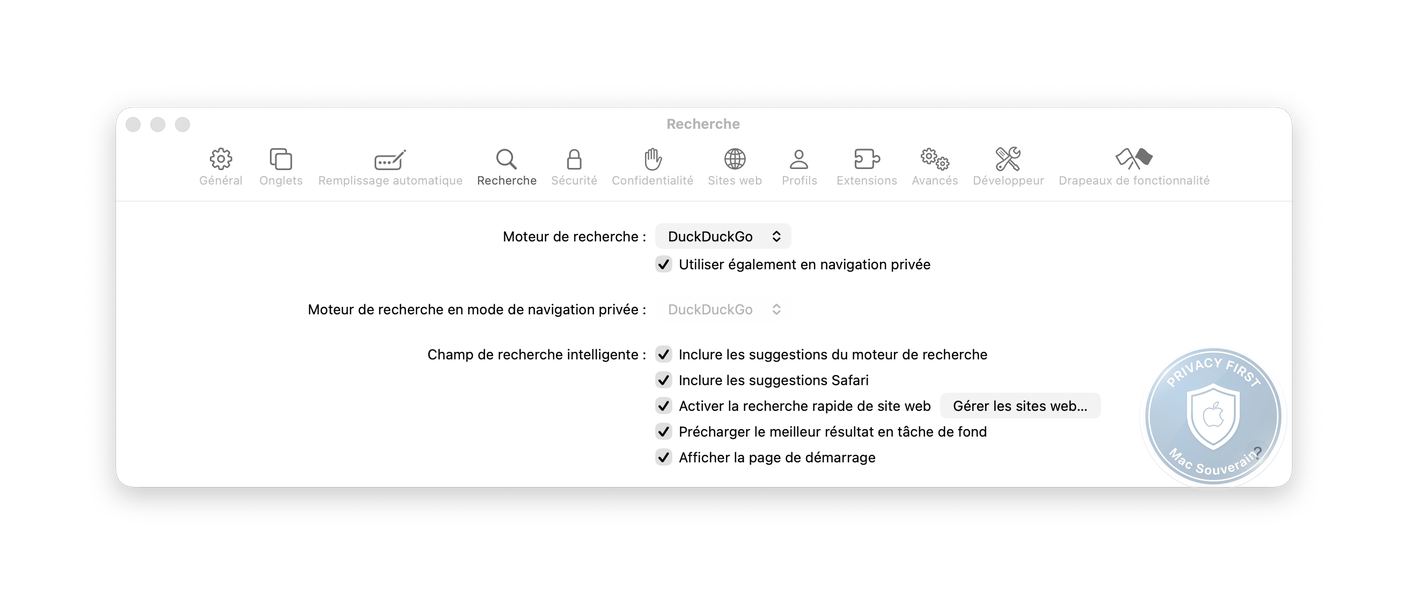 Safari Settings, Search pane with DuckDuckGo set as the default search engine