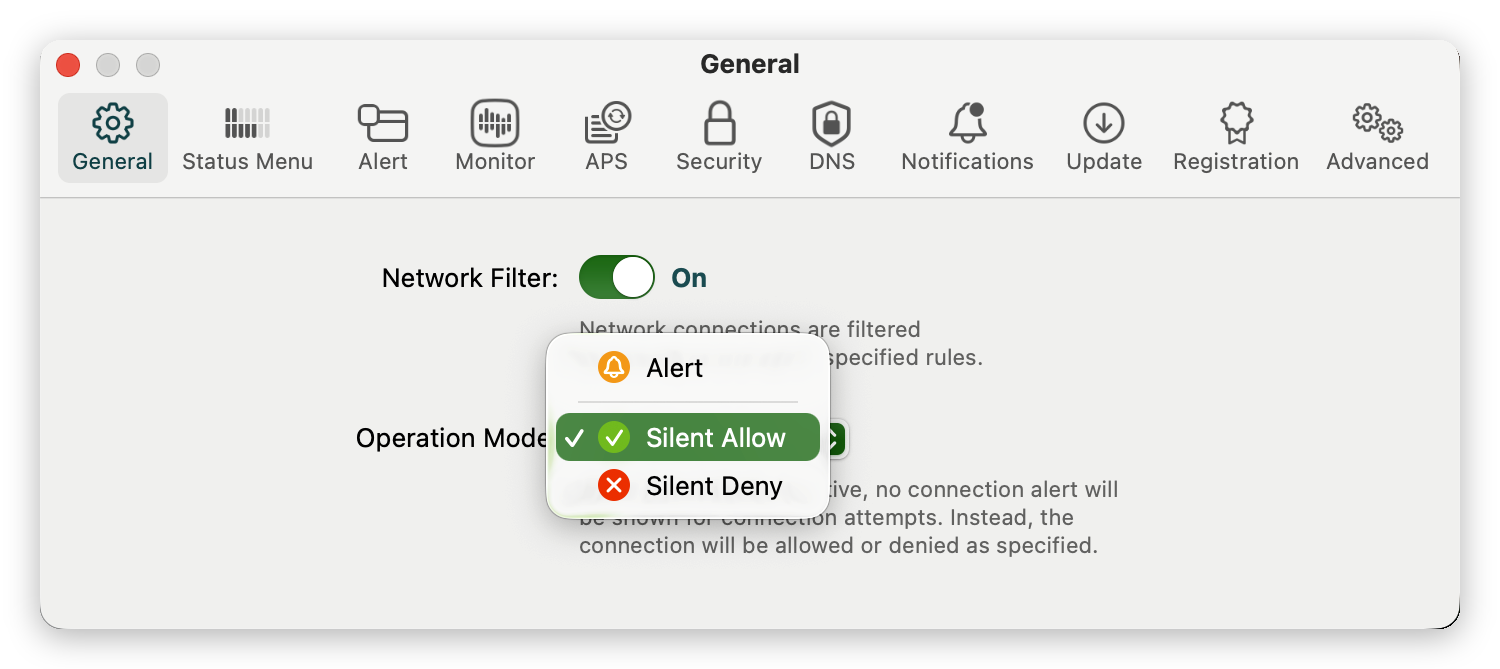 Les préférences de Little Snitch, le sélecteur de mode ouvert sur Alerte, Silencieux autoriser, Silencieux refuser.