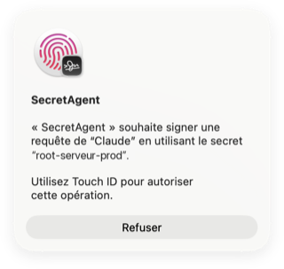 Fenêtre Touch ID de macOS : l'agent « Claude » demande à signer avec la clé root d'un serveur, macOS réclame l'empreinte pour autoriser.