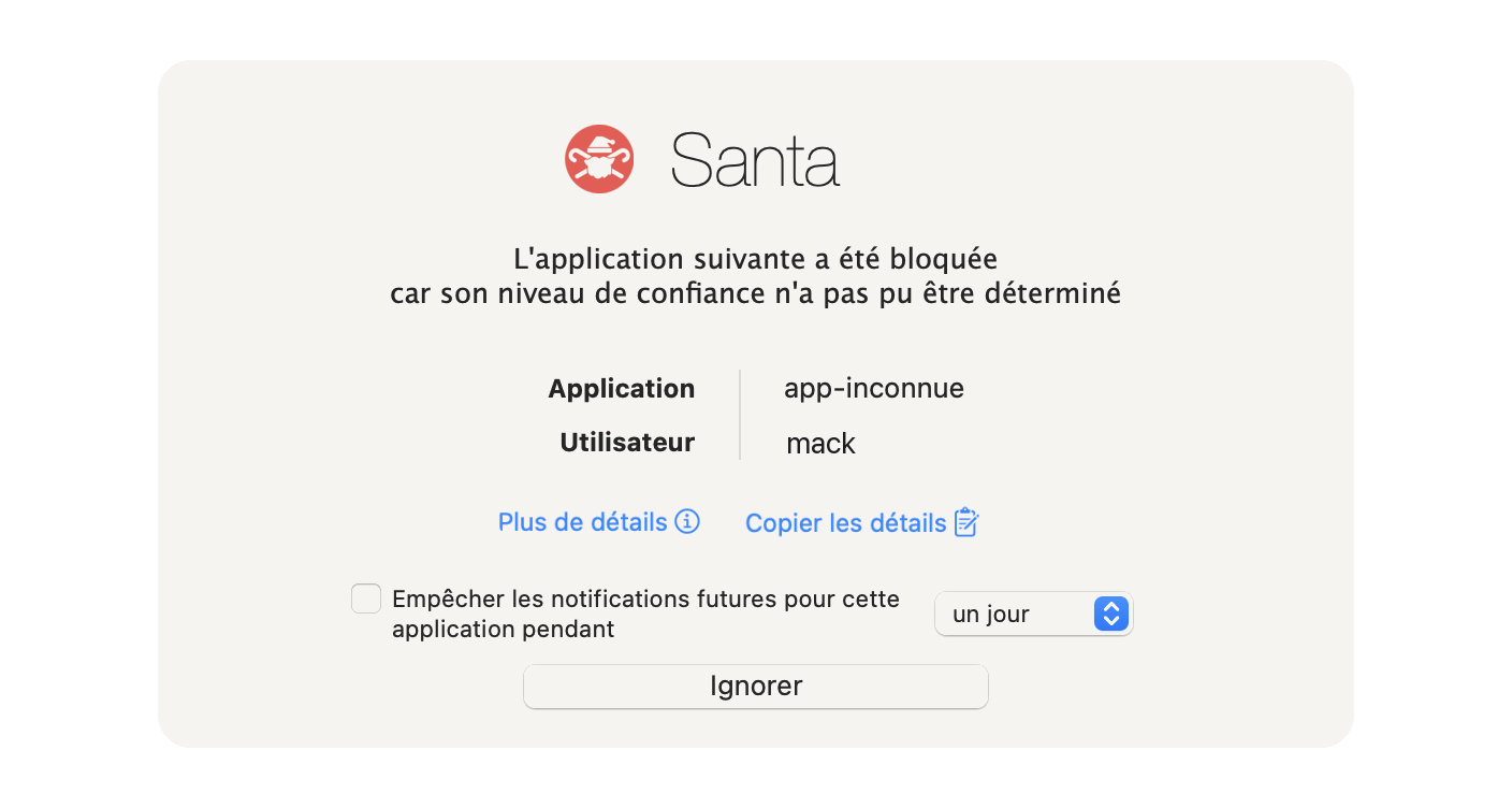 Santa's window in Lockdown mode, an unknown app refused at launch because its trustworthiness couldn't be determined.