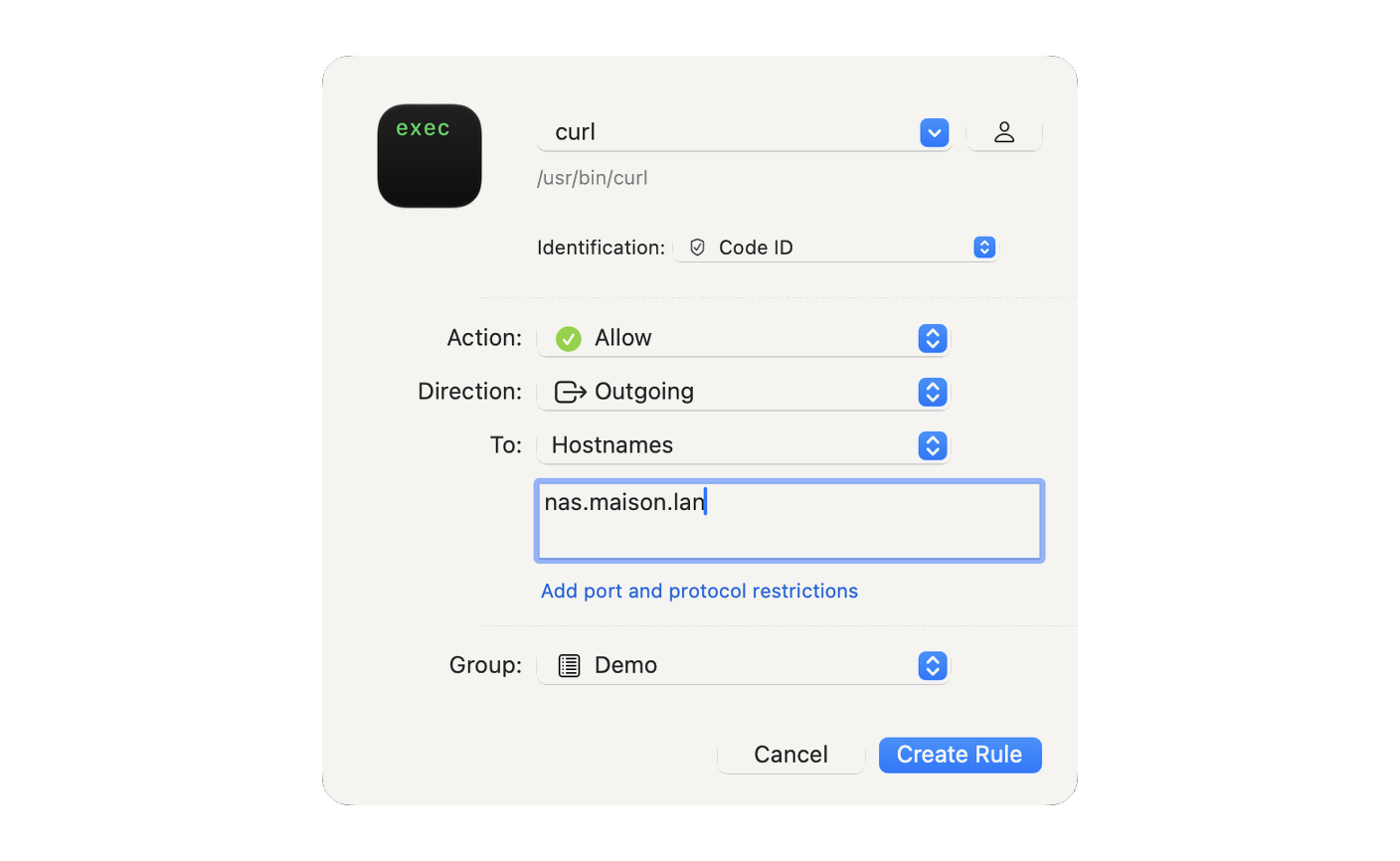 An example customs rule in Little Snitch, curl may only go out to the home NAS. A second rule, created alongside it, refuses everything else.