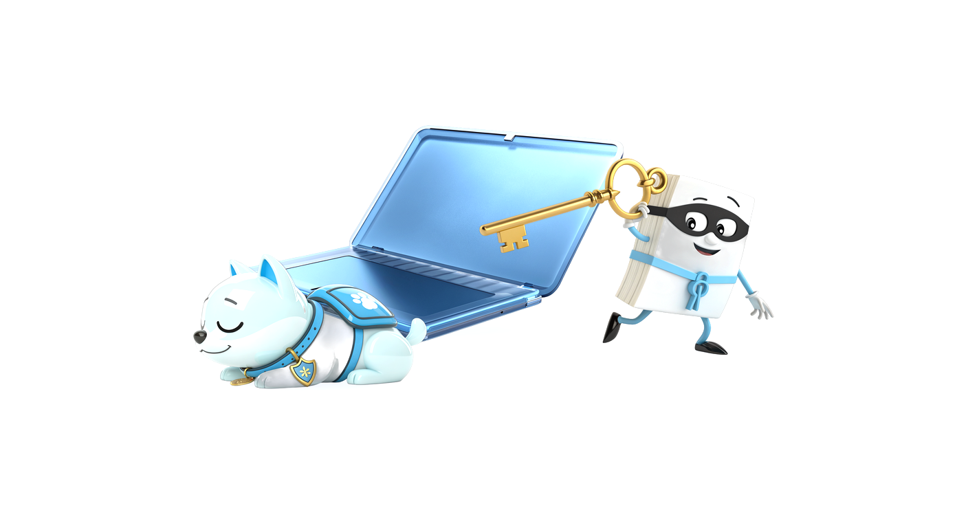 3D render of a blue porcelain guard dog asleep in front of an open MacBook, while a masked thief makes off with a golden key