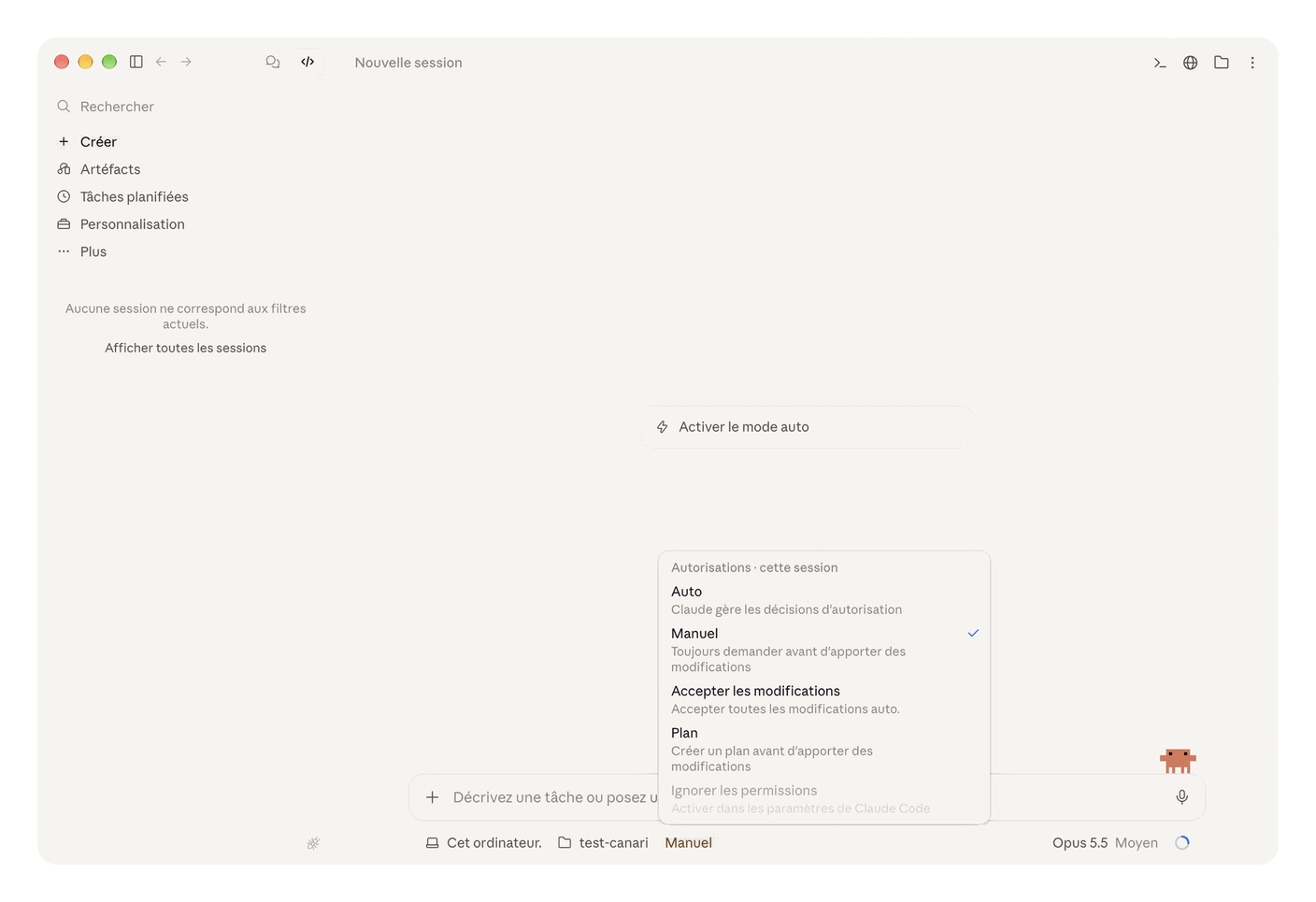 L'app Claude, onglet Code, sur le dossier test-canari. Le menu « Autorisations » est ouvert, Manuel est coché, et Auto figure toujours dans la liste. Au centre, un bouton « Activer le mode auto » reste proposé.