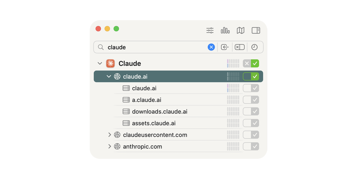 Little Snitch's Network Monitor filtered on the Claude app, showing Anthropic's own domains.