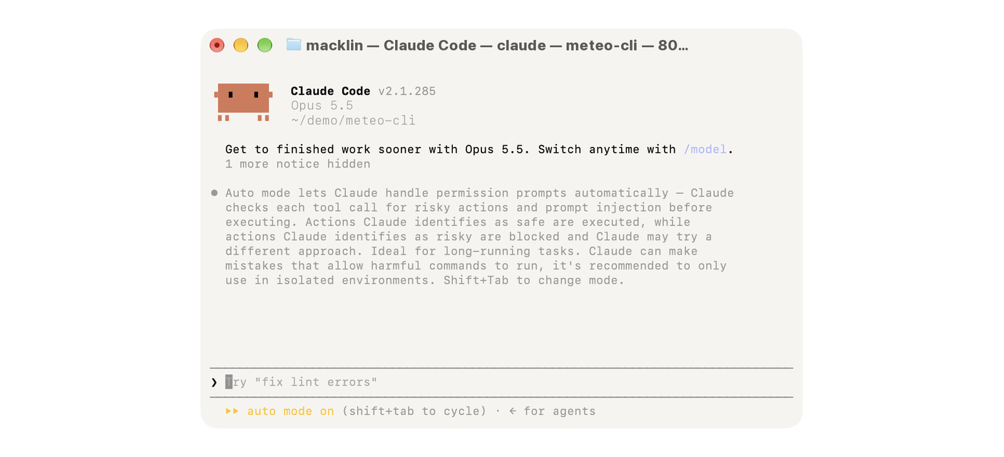 Claude Code in the terminal, at the start of a session. At the bottom, "auto mode on". Above it, Anthropic itself warns that Claude can make mistakes that let harmful commands run, and recommends keeping this mode for isolated environments.