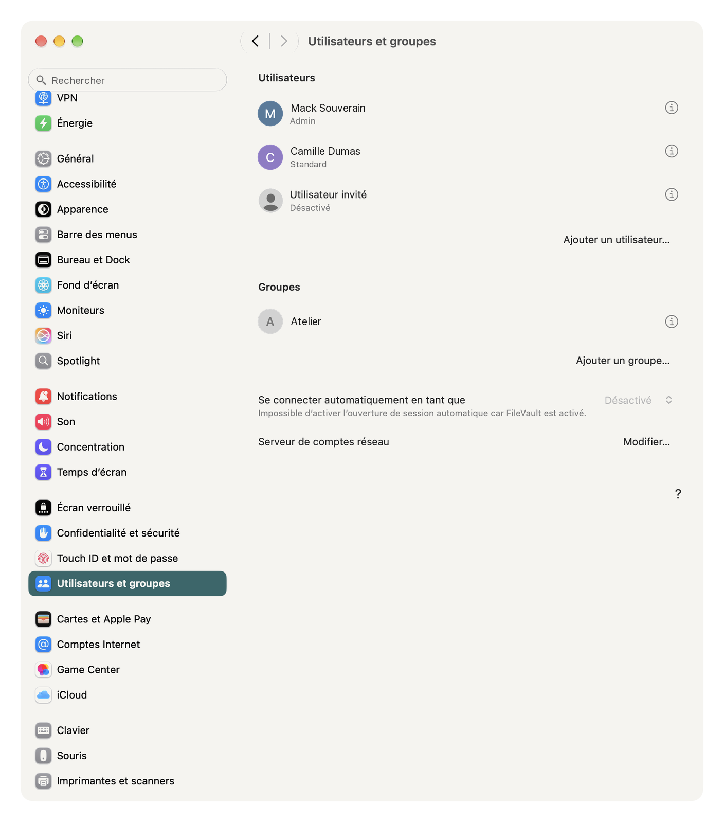 System Settings, Users & Groups, the administrator account at the top of the list and the "Add User…" button below.