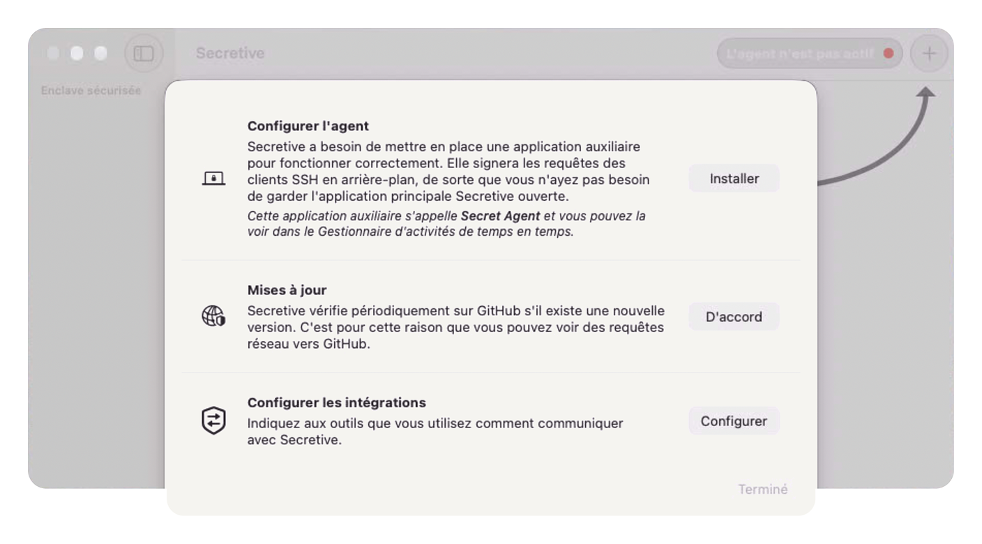 Secretive setup assistant at first launch, the "Install" button waits next to "Setup Agent" and the agent isn't running yet.