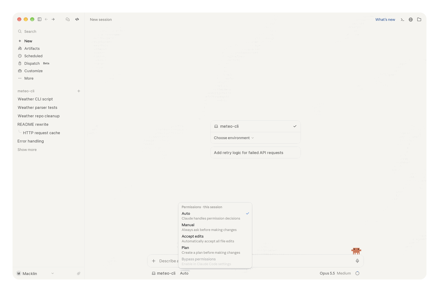 The Claude app, Code tab, Permissions menu open under the input box. Auto is checked, followed by Manual, Accept edits and Plan, while "Bypass permissions" stays greyed out until you enable it in the Claude Code settings.