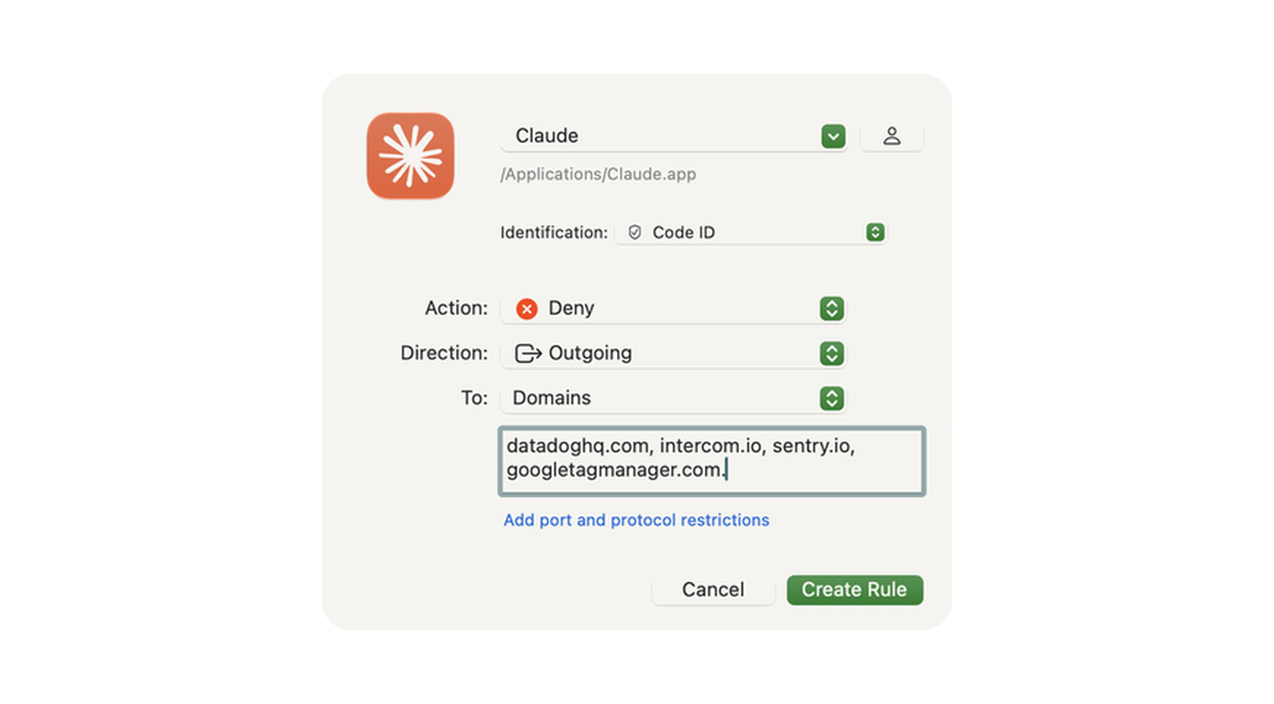 Creating a rule in Little Snitch, Claude app, Deny action, Outgoing direction, with one Datadog domain, Intercom, Sentry and Google Tag Manager.