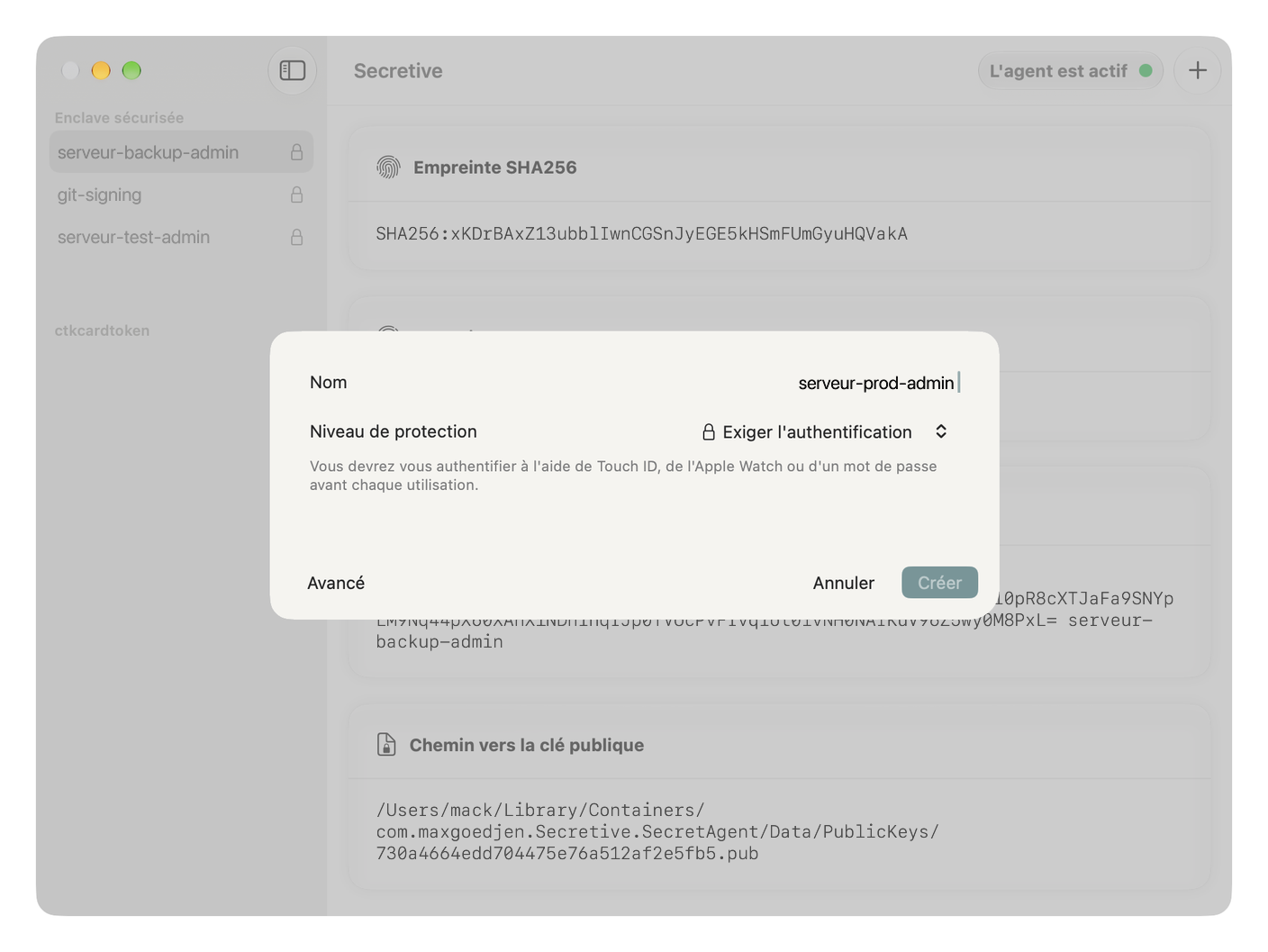 Secretive's key creation window by default, only the name and two protection levels are offered, the "Advanced" button bottom left.