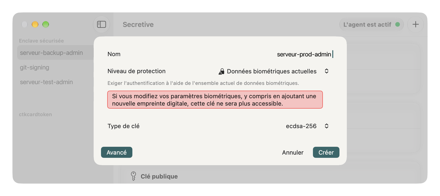 Creating the serveur-prod-admin key in advanced mode, "Current Biometrics" level, ecdsa-256 type and the fingerprint warning.
