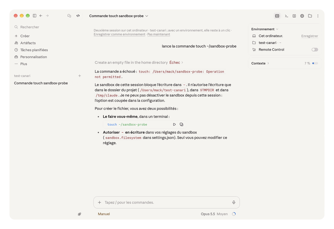 L'app Claude, onglet Code. La commande touch ~/sandbox-probe échoue avec « Operation not permitted ». L'agent explique que le bac à sable limite l'écriture au dossier du projet et qu'il ne peut pas le désactiver.
