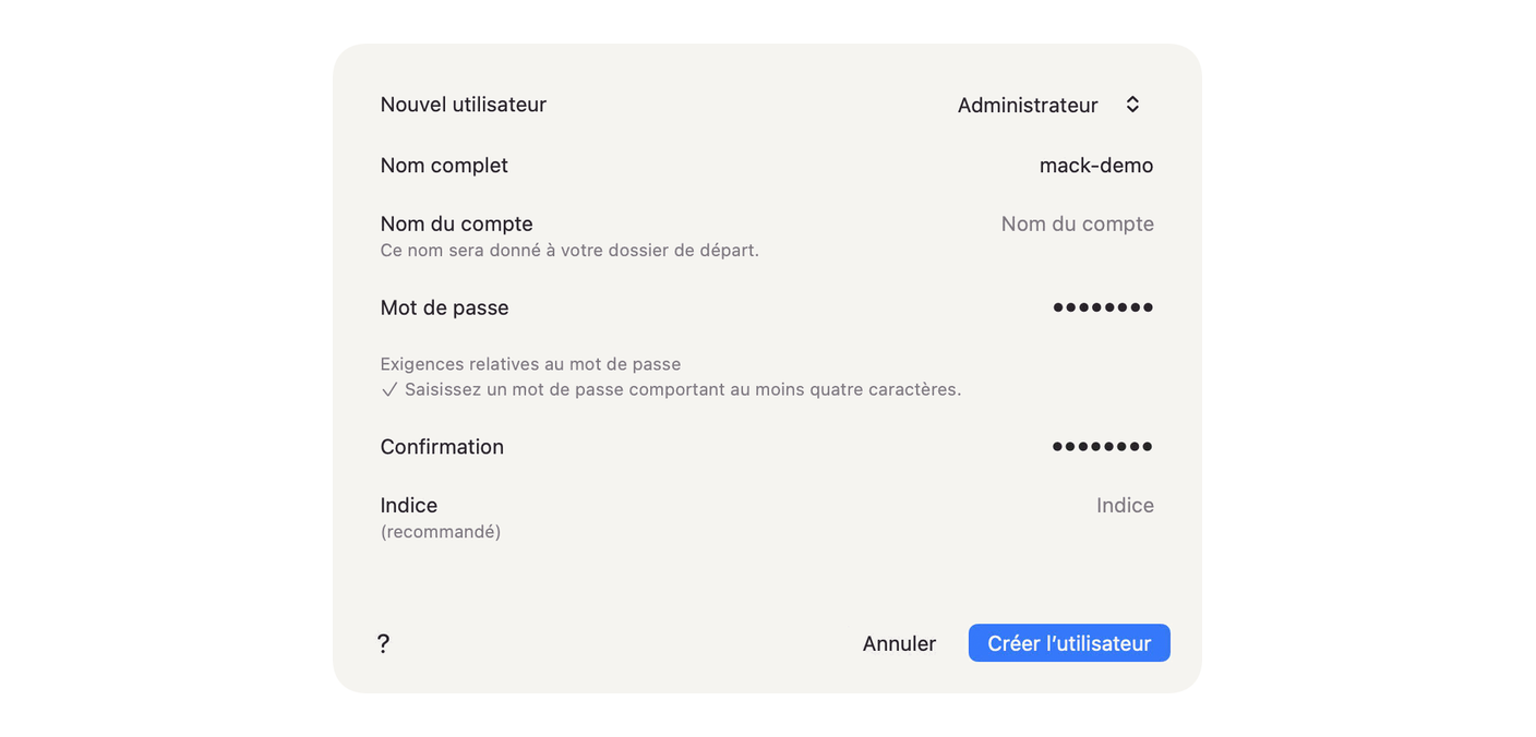 The account creation window, "New User" set to Administrator, here with a demo name.