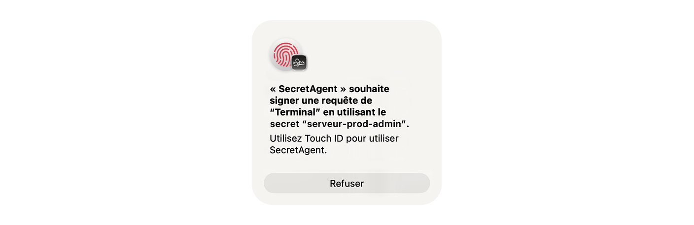 Touch ID window, SecretAgent asks to sign a request from Terminal with the serveur-prod-admin secret.