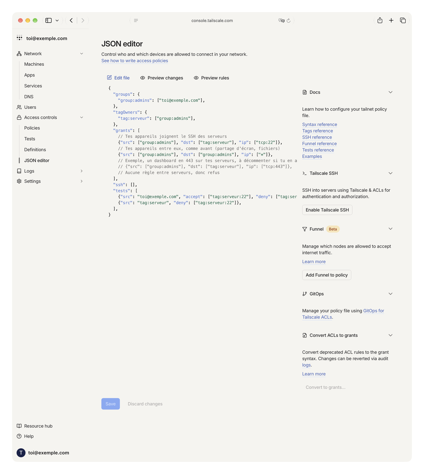 Tailscale console JSON editor with the policy from this article, groups, tags, grants and a tests block.
