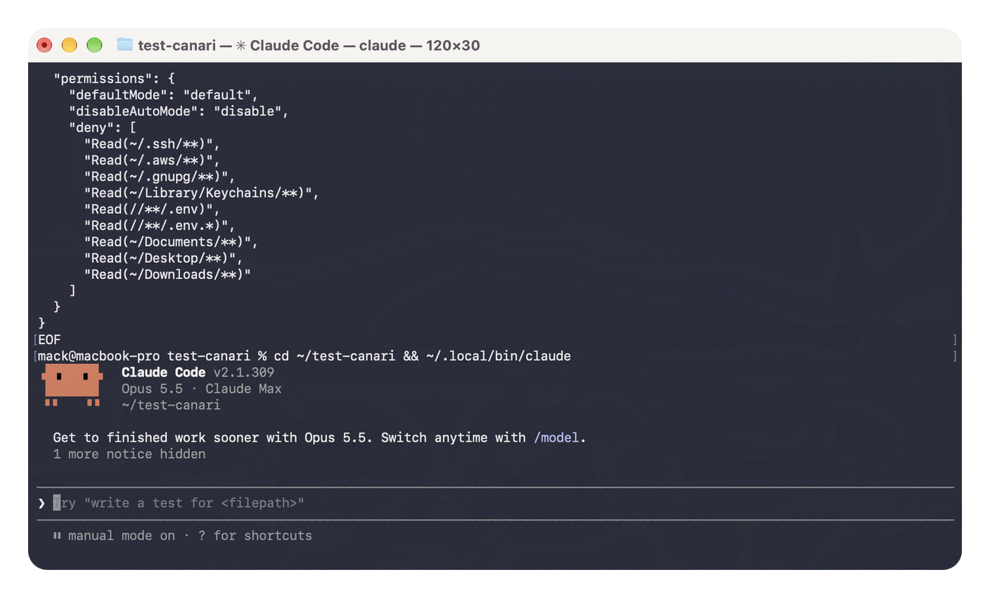 Le Terminal macOS. Au-dessus, le réglage du minimum vital collé dans le fichier. En dessous, Claude Code 2.1.309 lancé depuis le dossier test-canari, et en bas la barre d'état « manual mode on ».