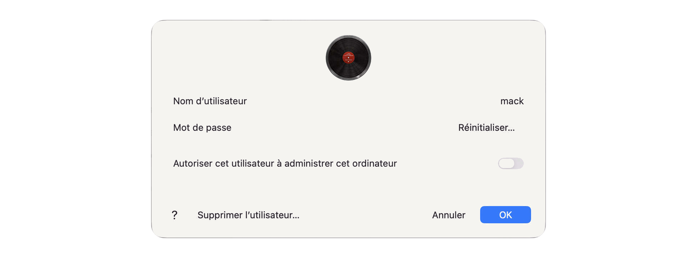 The usual account's details opened from the Admin session, the "Allow this user to administer this computer" switch turned off.