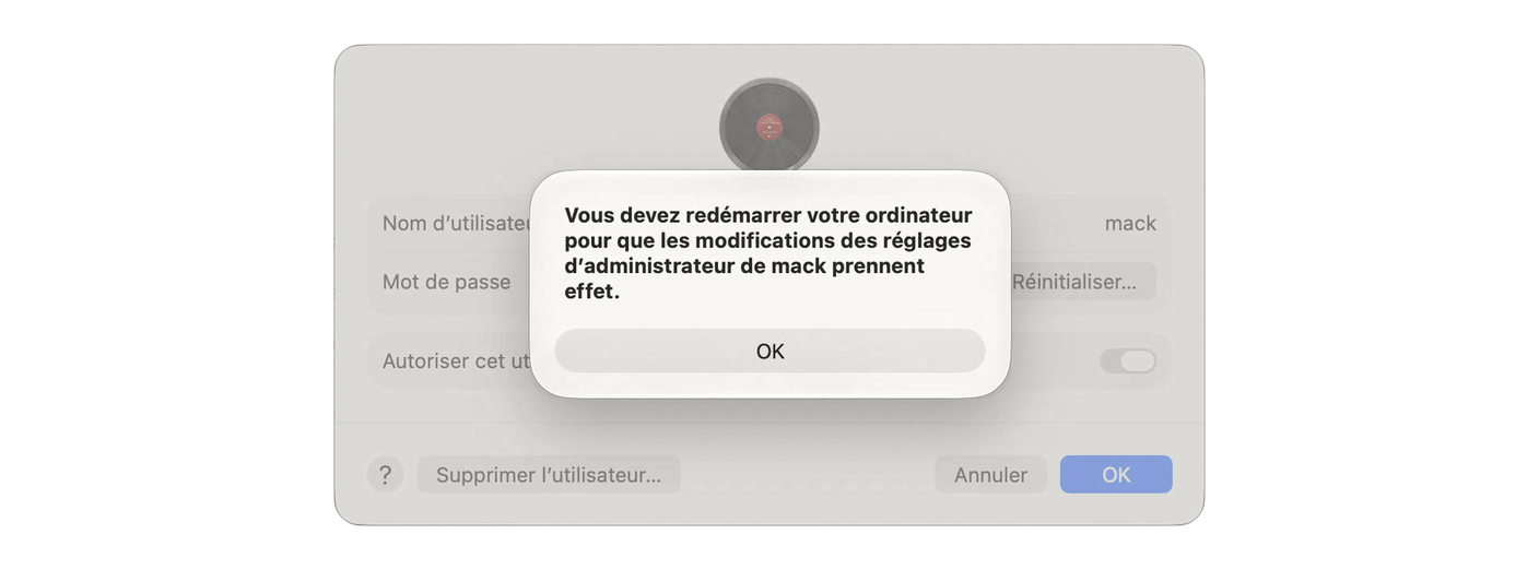 macOS warns that a restart is needed for the change to administrator rights to take effect.