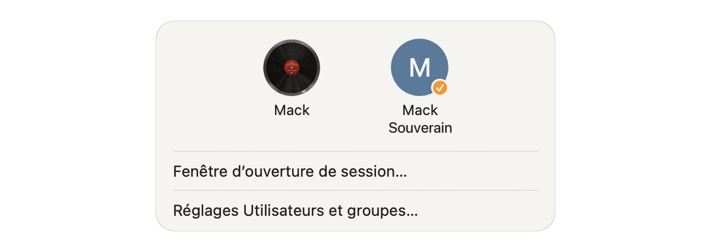 The Fast User Switching menu in the menu bar, with the Mac's two accounts.