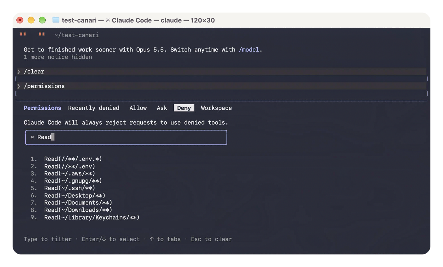 Claude Code dans le Terminal, boîte /permissions sur l'onglet Deny, filtrée sur « Read ». Les neuf refus s'affichent, des fichiers .env à Library/Keychains.