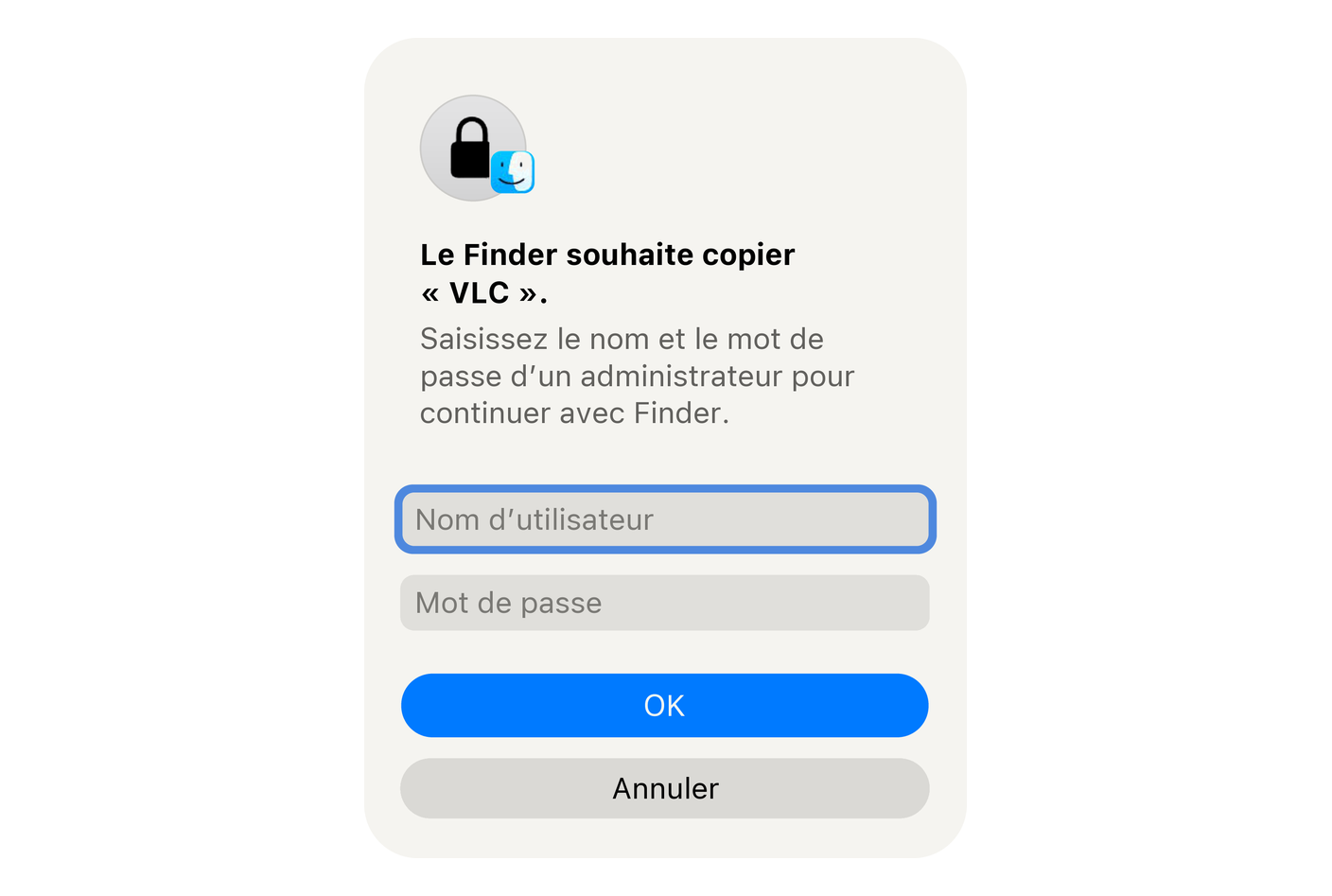 From the standard account, the Finder asks for an administrator's name and password to copy VLC.